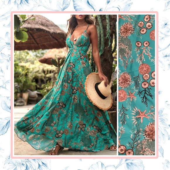 🌺 BOHO DRESS LONG MAXI HALTER V NECK BOHEMIAN SUMMER GYPSY 05 VACATION CHIC - Picture 1 of 1